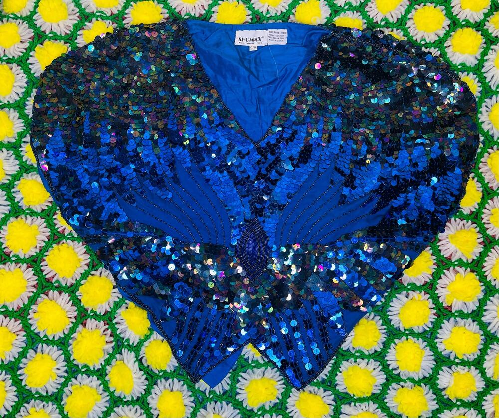 1980’s Shomax Silk Blue Butterfly Sequin Top